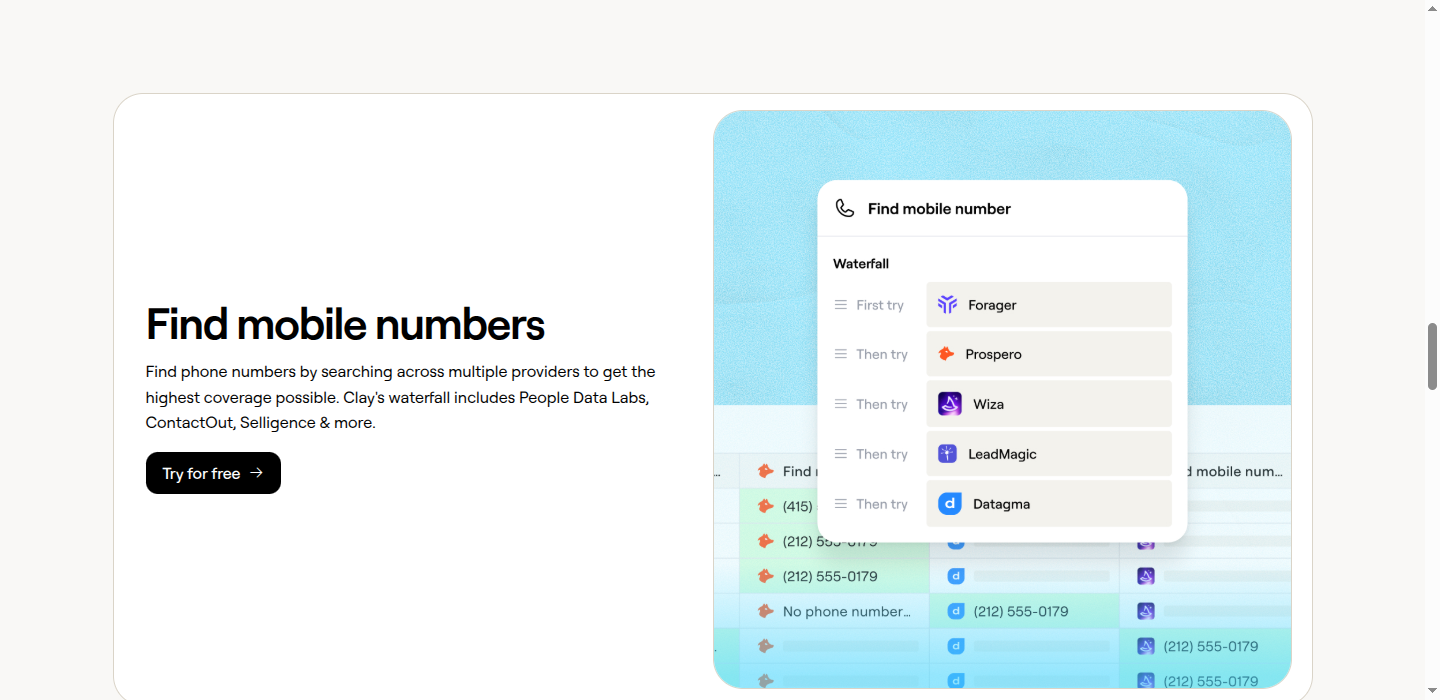 Clay's phone number waterfall UI showing Forager, Prospeo, Wiza, LeadMagic, and Datagma