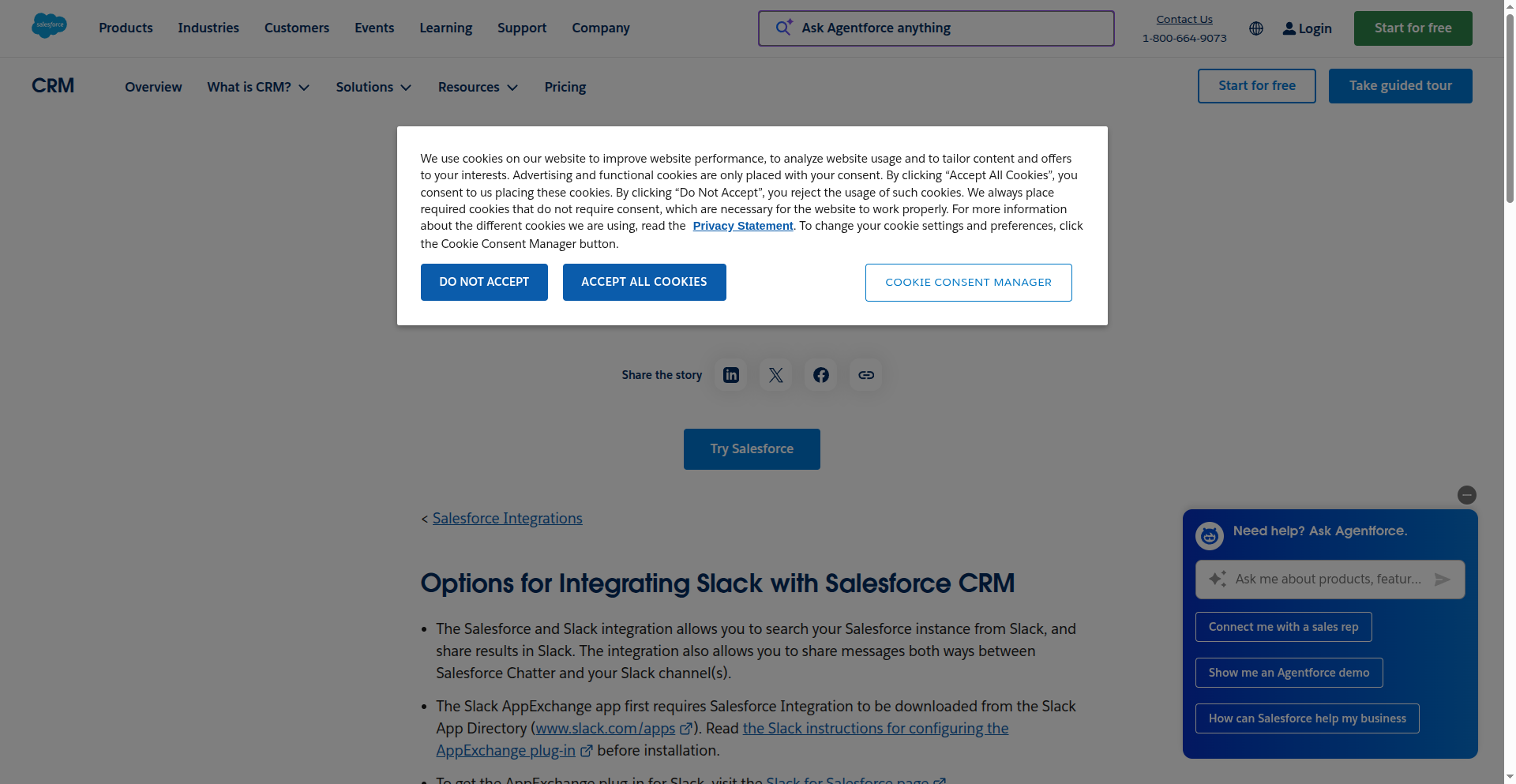 Salesforce and Slack integration page